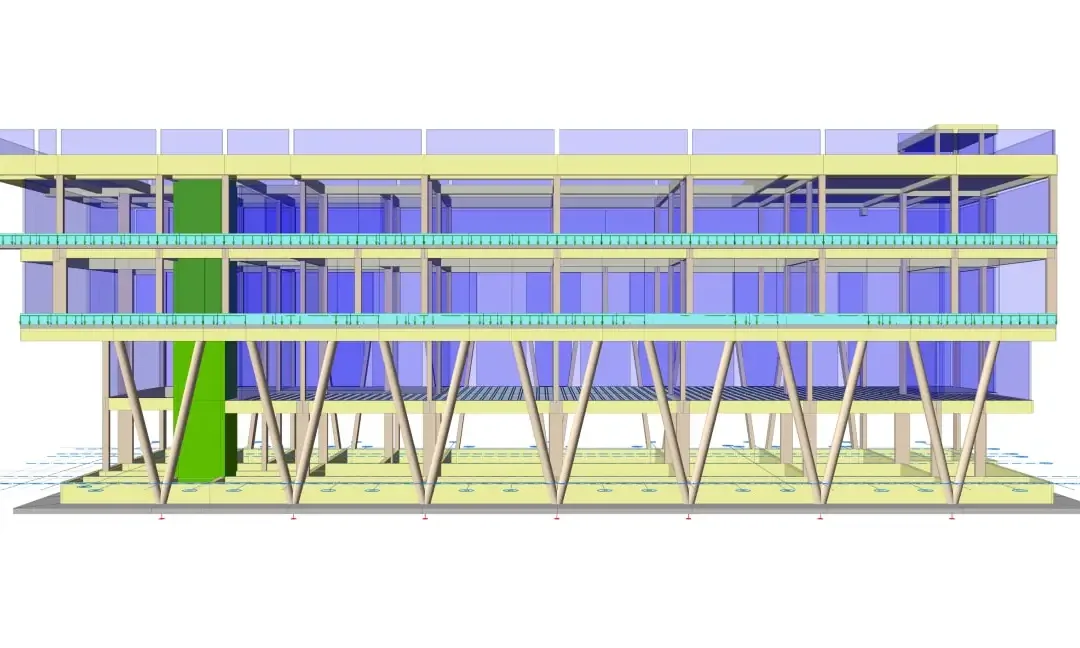 Élévation latérale du modèle d'un bâtiment de recherche de trois niveaux avec noyau de circulation toute hauteur et poteaux inclinés