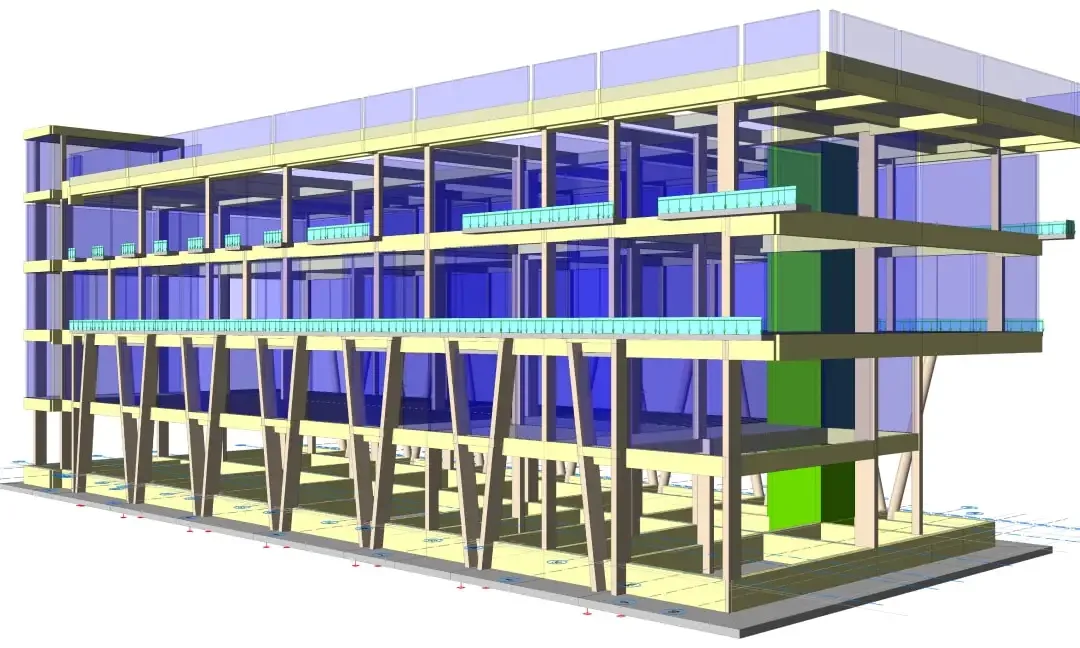 Modèle de bâtiment de recherche de trois niveaux montrant les poteaux inclinés en V, les dalles de plancher et les panneaux de façade vitrés