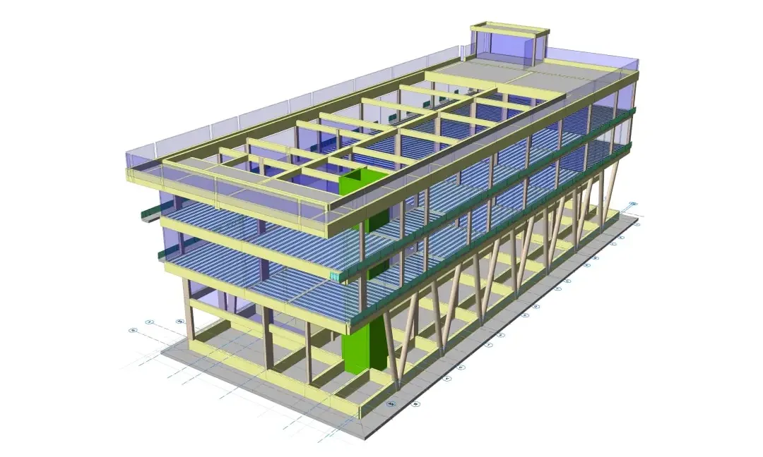 Modèle structurel 3D d'un bâtiment de recherche de trois niveaux avec dalles de plancher en porte-à-faux et poteaux périphériques inclinés
