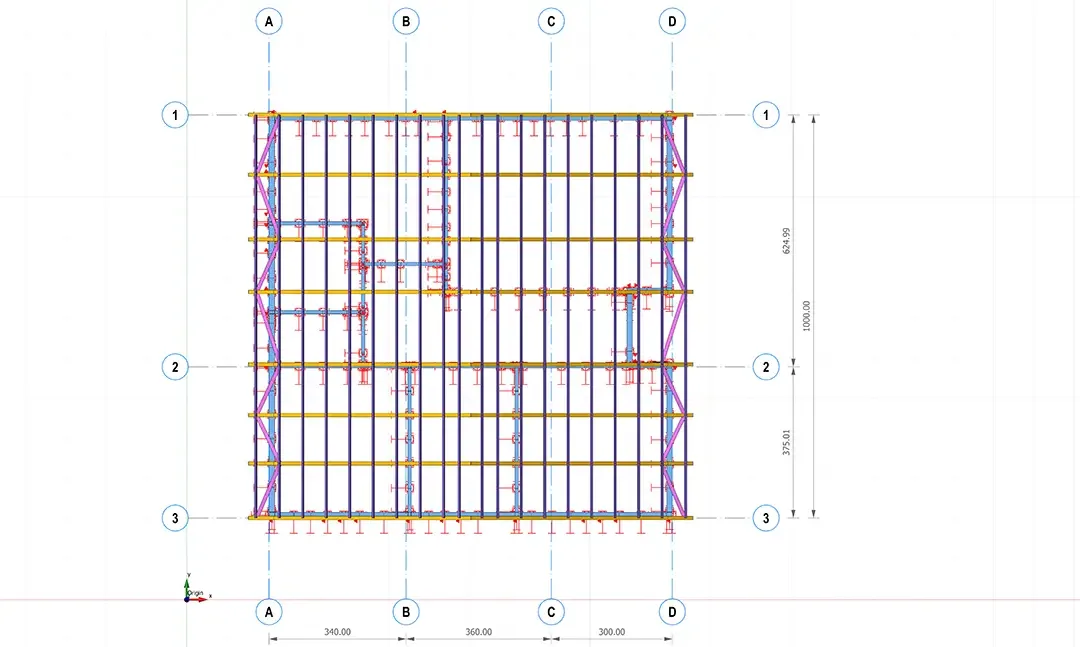 Plan de structure d'une maison à ossature métallique légère avec le contreventement repéré sur les files de murs