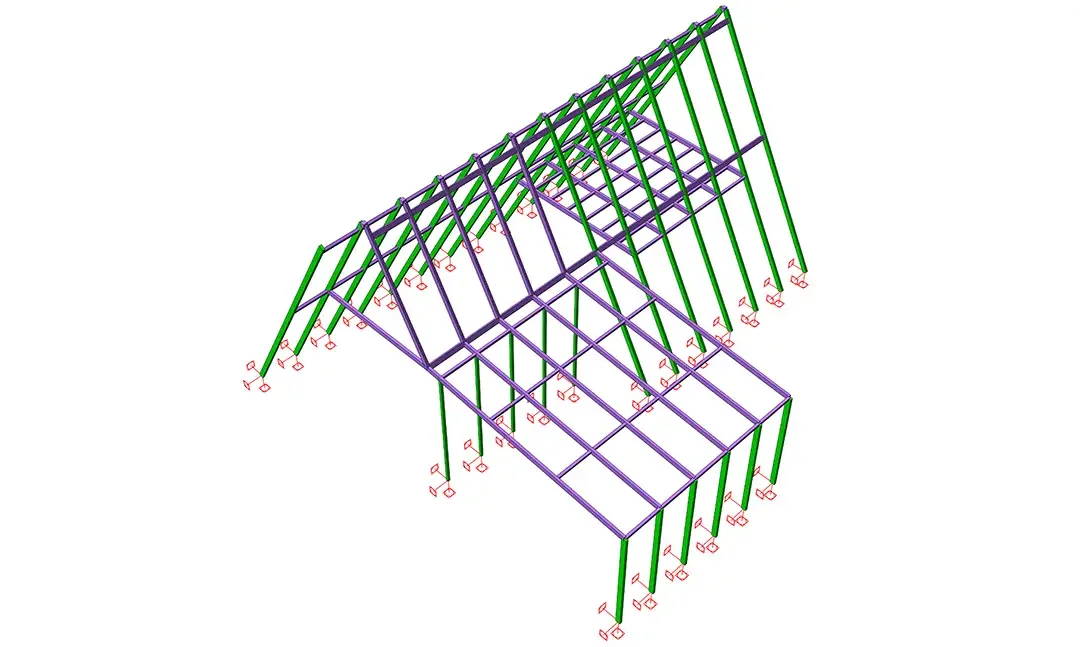 Modèle d'ossature métallique d'un bungalow à toiture en pente, montrant les chevrons verts et les poutres de plancher violettes