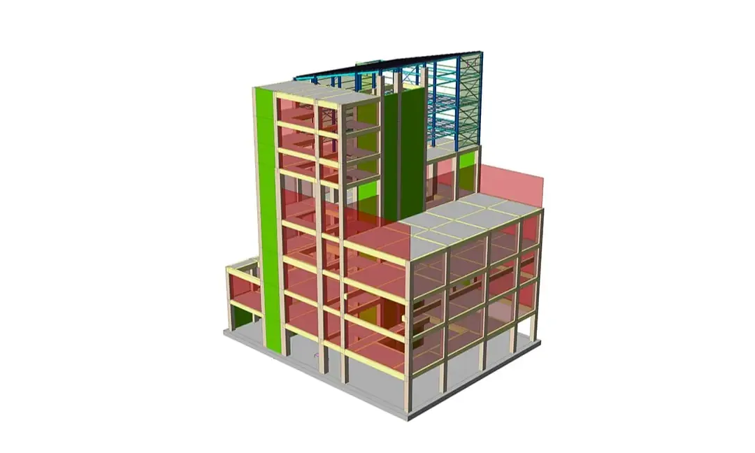 Modèle structurel d'une installation industrielle associant une ossature en béton armé et une structure métallique au-dessus