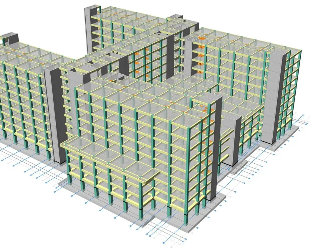 Modèle structurel d'un grand complexe hospitalier avec plusieurs blocs reliés de hauteurs variables