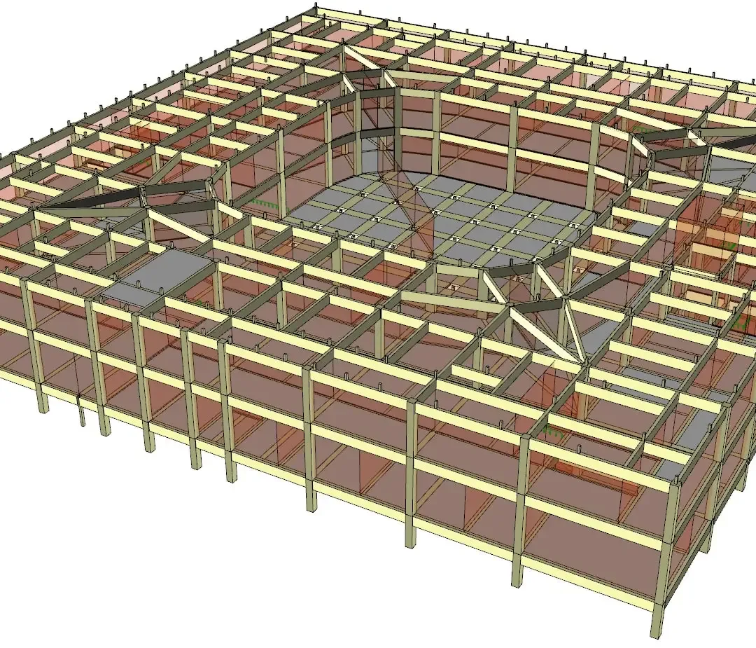 Modèle structurel d'un grand auditorium de plain-pied avec ossature périphérique et structure de toiture circulaire au centre
