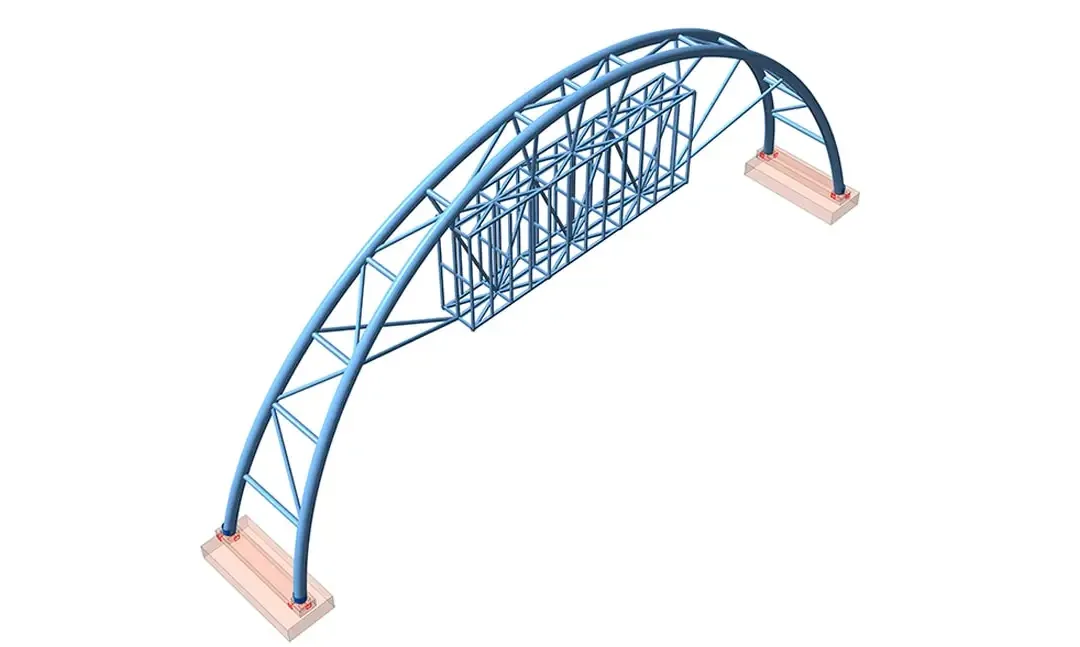 Structure métallique de support d'un panneau publicitaire avec arc treillis incurvé et ossature de panneau contreventée au sommet