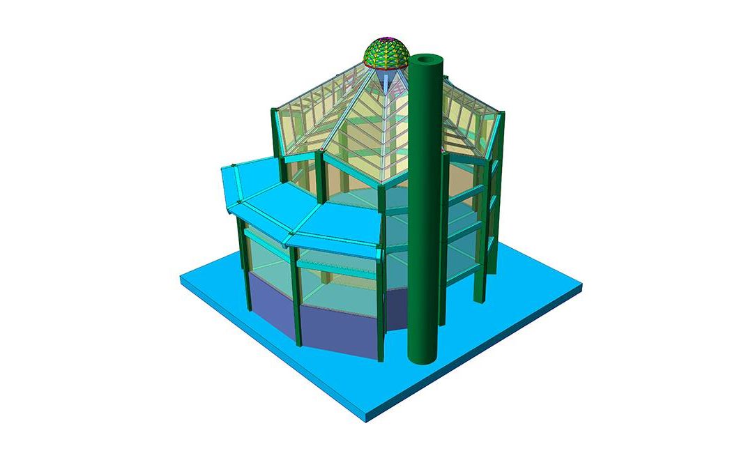 Modèle structurel d'une petite mosquée avec coupole en treillis, poteaux et dalle de base surélevée