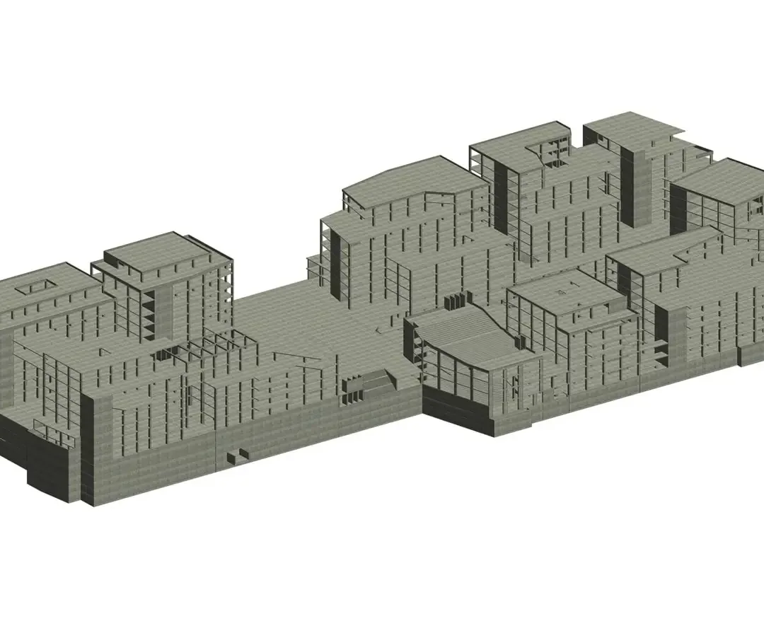 Modèle structurel d'un grand campus hospitalier composé de nombreux blocs reliés sur une vaste emprise