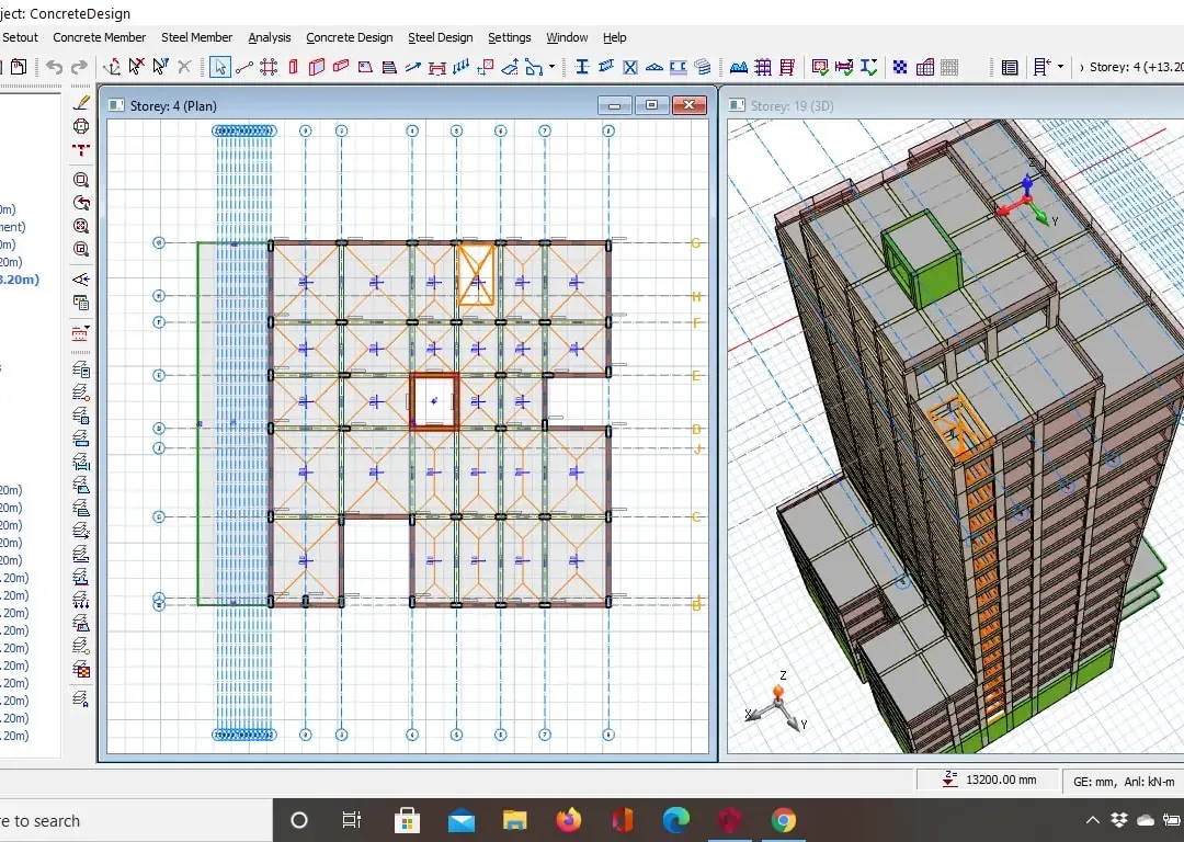 Interface ProtaStructure avec l'arborescence des niveaux, le plan et une vue isométrique du modèle d'une tour de bureaux