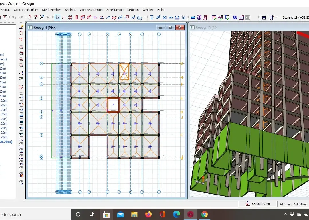 Interface ProtaStructure montrant un plan à côté du modèle 3D d'une tour de bureaux de grande hauteur