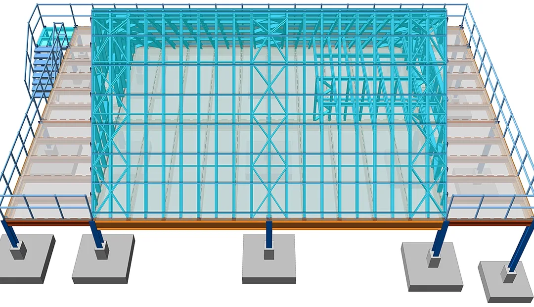 Structure de toiture de chalet vue de dessus, montrant l'implantation des fermes et le garde-corps périphérique de la terrasse