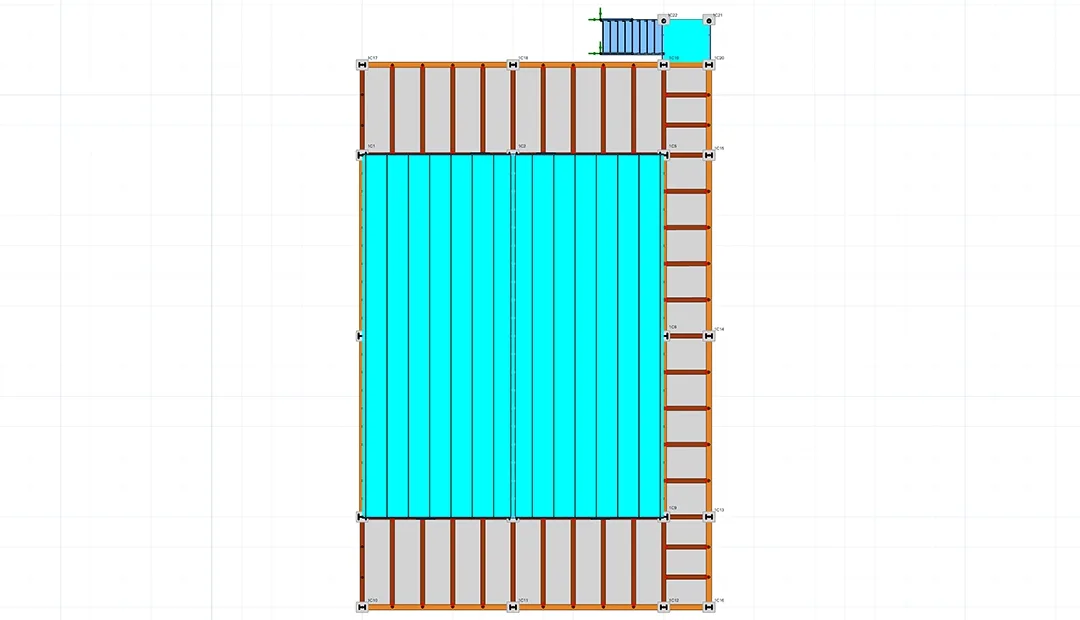 Plan de structure d'une toiture de chalet montrant les filants de pannes et l'ossature périphérique