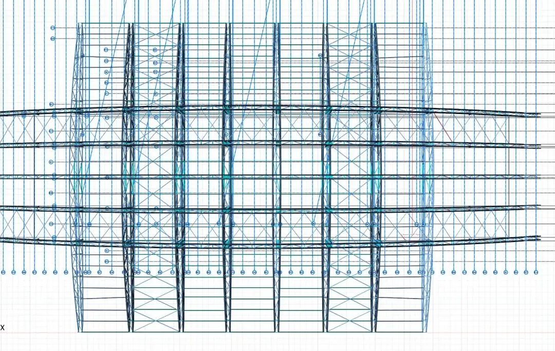 Dessin d'ossature d'une toiture de stade montrant les profils d'arc, le contreventement et la position des appuis