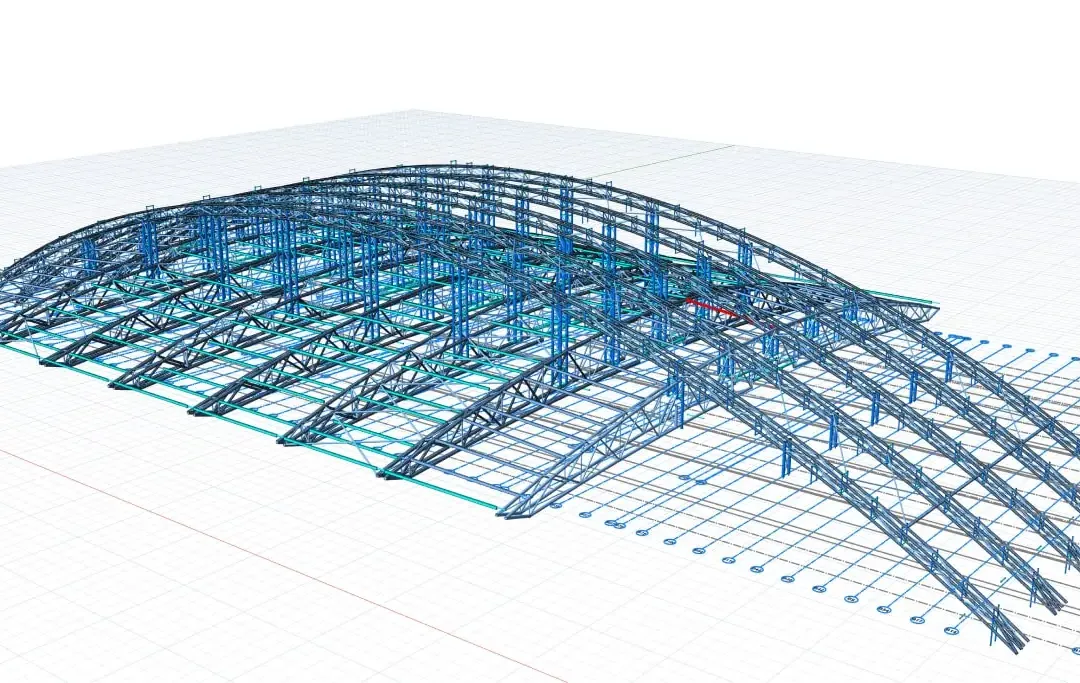 Vue isométrique d'une toiture de stade métallique avec fermes en arc franchissant au-dessus des gradins