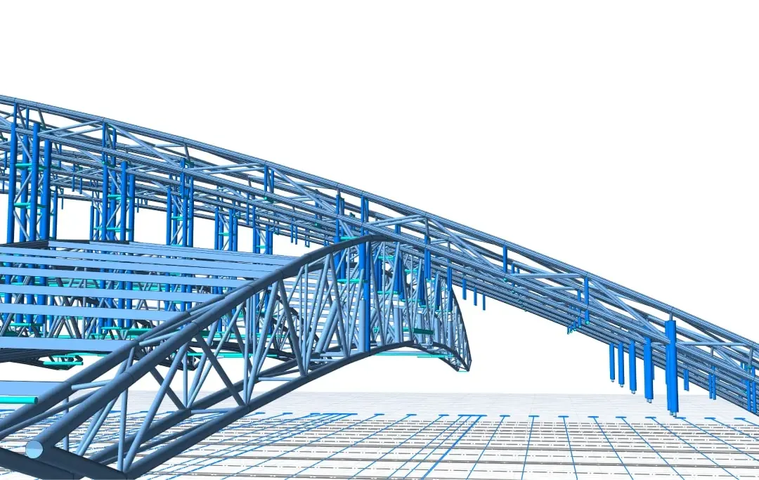 Gros plan d'une toiture de stade métallique avec un arc tubulaire portant une poutre treillis au-dessus des gradins
