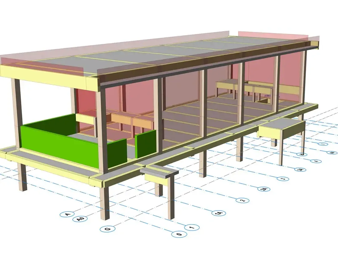 Modèle structurel d'une usine chimique de plain-pied avec une zone de rétention de cuves attenante au bâtiment principal
