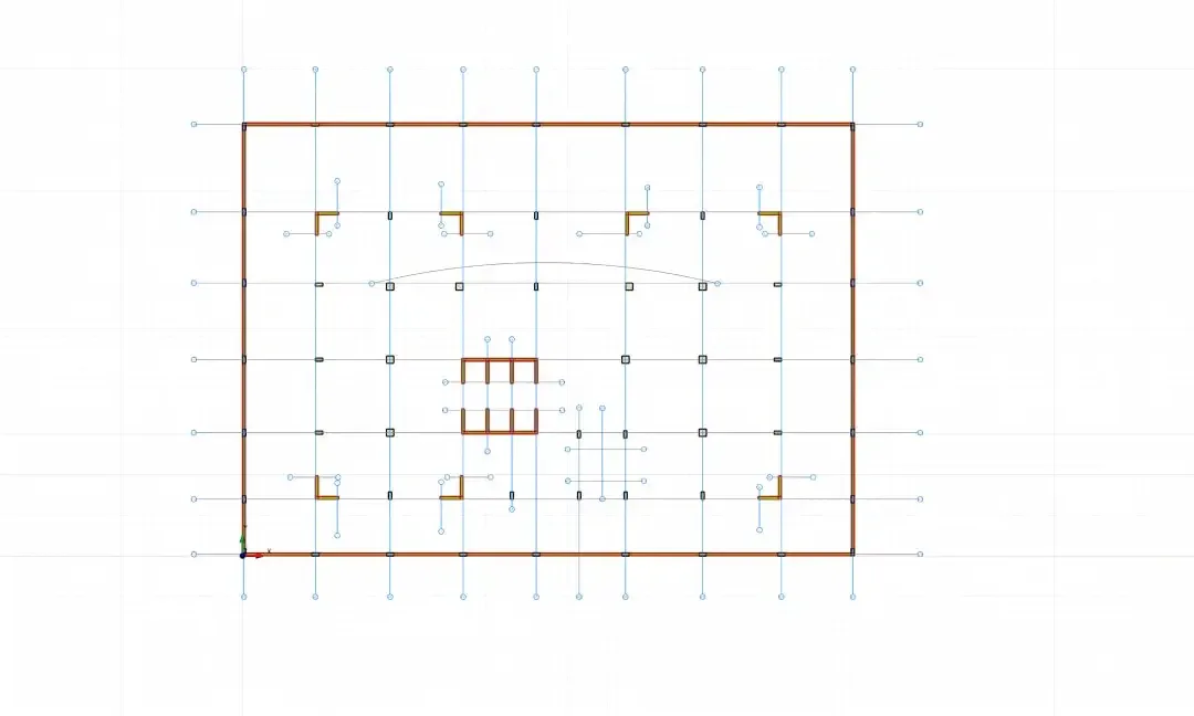 Plan de structure d'un immeuble commercial avec une trame de poteaux régulière et un noyau central