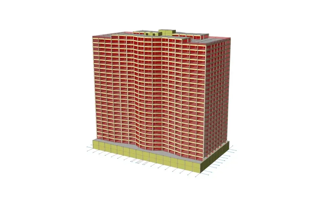 Modèle résidentiel de grande hauteur avec façade rendue transparente, révélant les dalles de plancher à chaque niveau