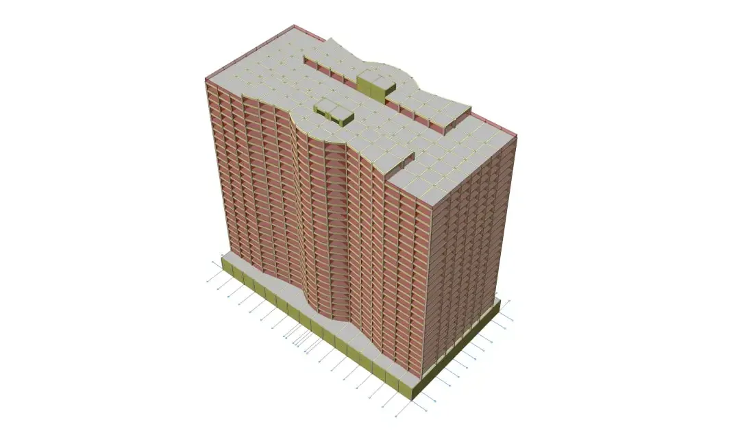 Modèle structurel rendu d'un bloc résidentiel de grande hauteur à façade incurvée et terrasses de toiture en retrait
