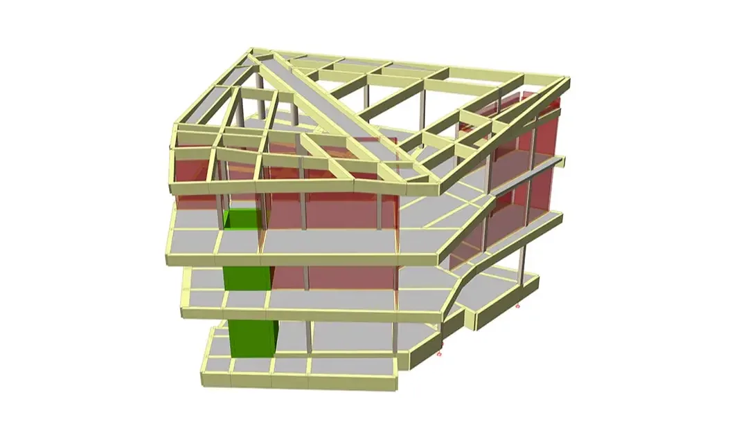 Modèle structurel d'un centre de photographie de trois niveaux avec ossature de toiture en pente et voile de noyau vert