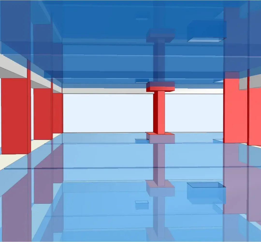 Vue intérieure d'un modèle structurel montrant un poteau rouge soutenant la dalle de plancher bleue au-dessus