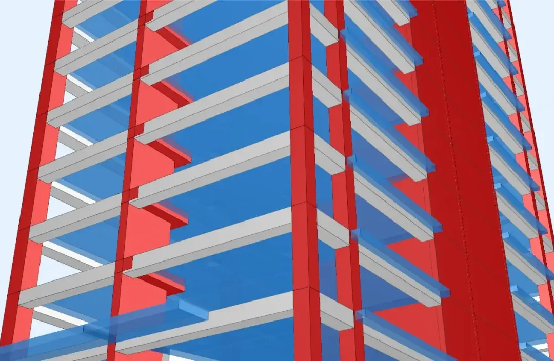 Vue rapprochée de la façade d'un modèle de tour montrant les dalles de balcon en saillie entre les voiles de contreventement