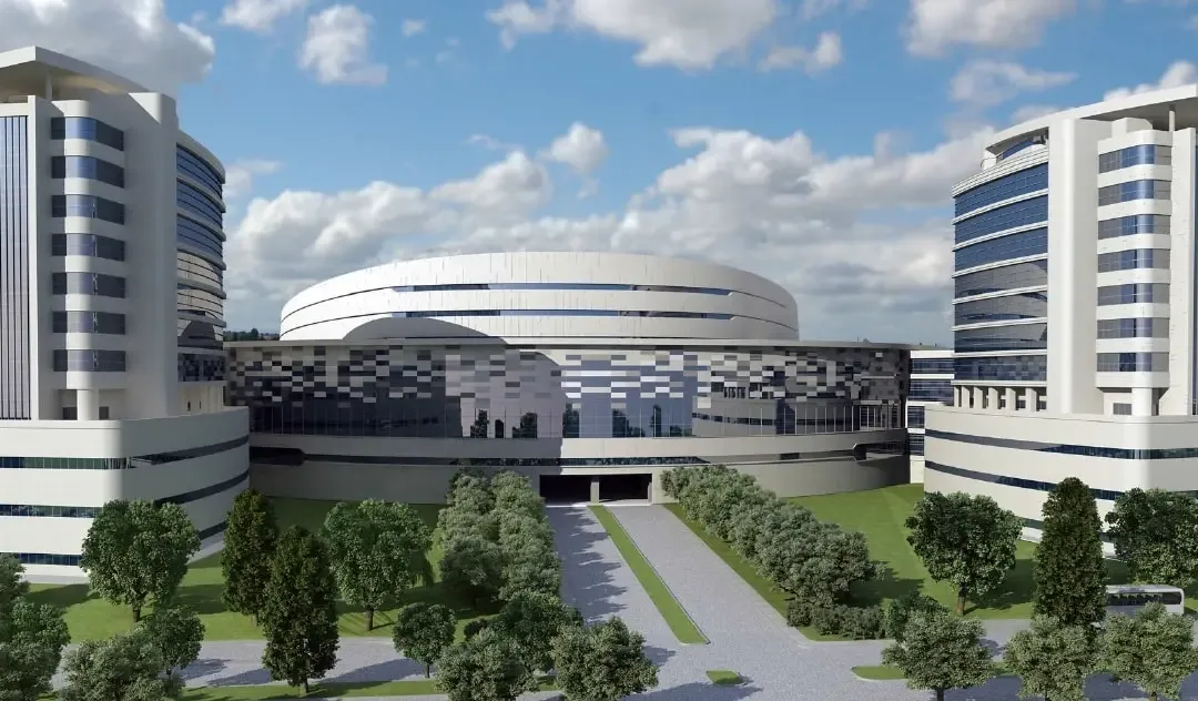 Rendu architectural d'un campus hospitalier avec un bâtiment central à coupole entre deux tours