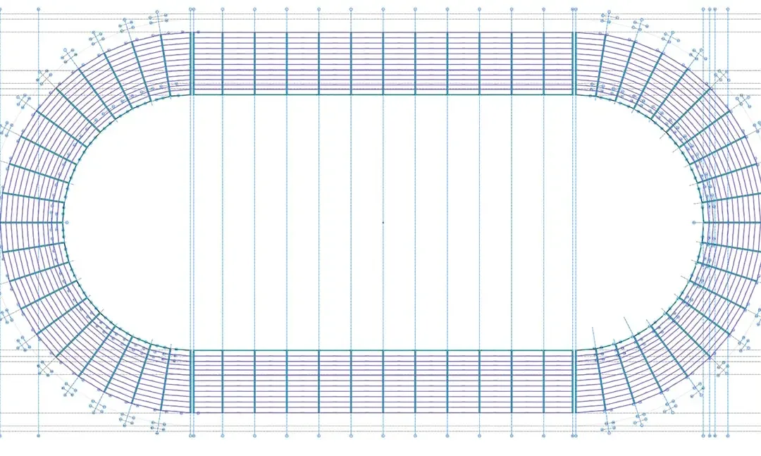 Plan de structure d'un stade de football ovale montrant les portiques radiaux autour de la cuvette