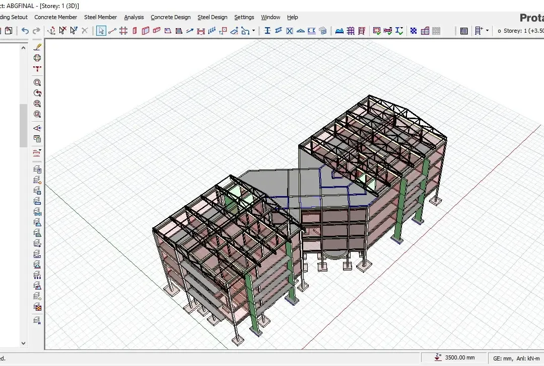 Interface ProtaStructure montrant le modèle 3D de deux blocs de laboratoire médical reliés