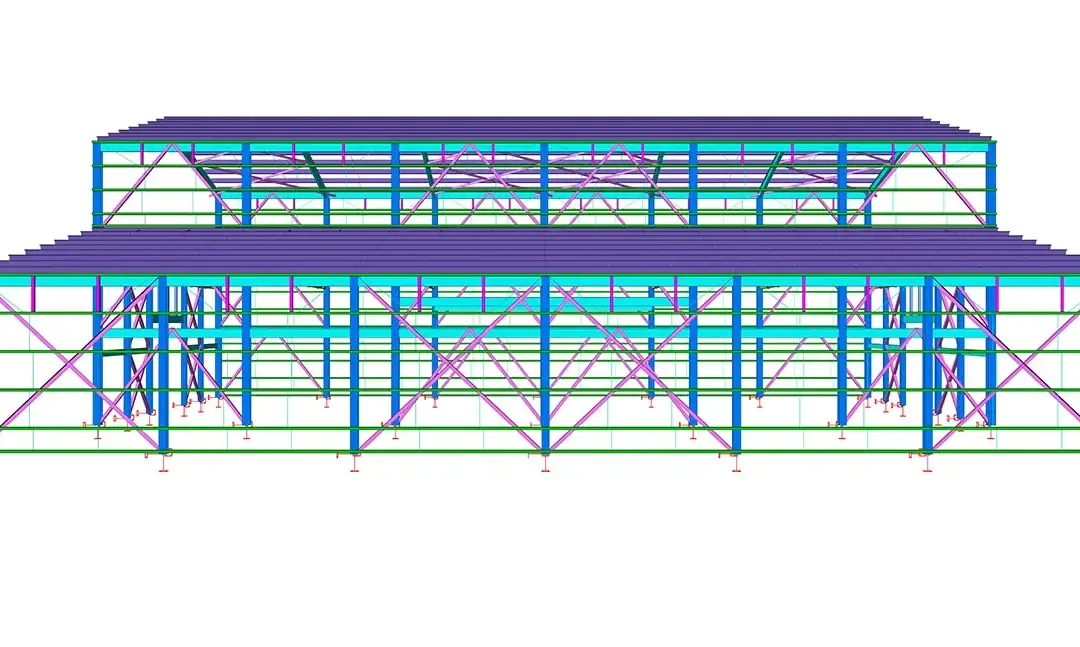 Vue en élévation frontale d'un entrepôt métallique à plusieurs niveaux avec contreventement diagonal de façade et ossature de toiture