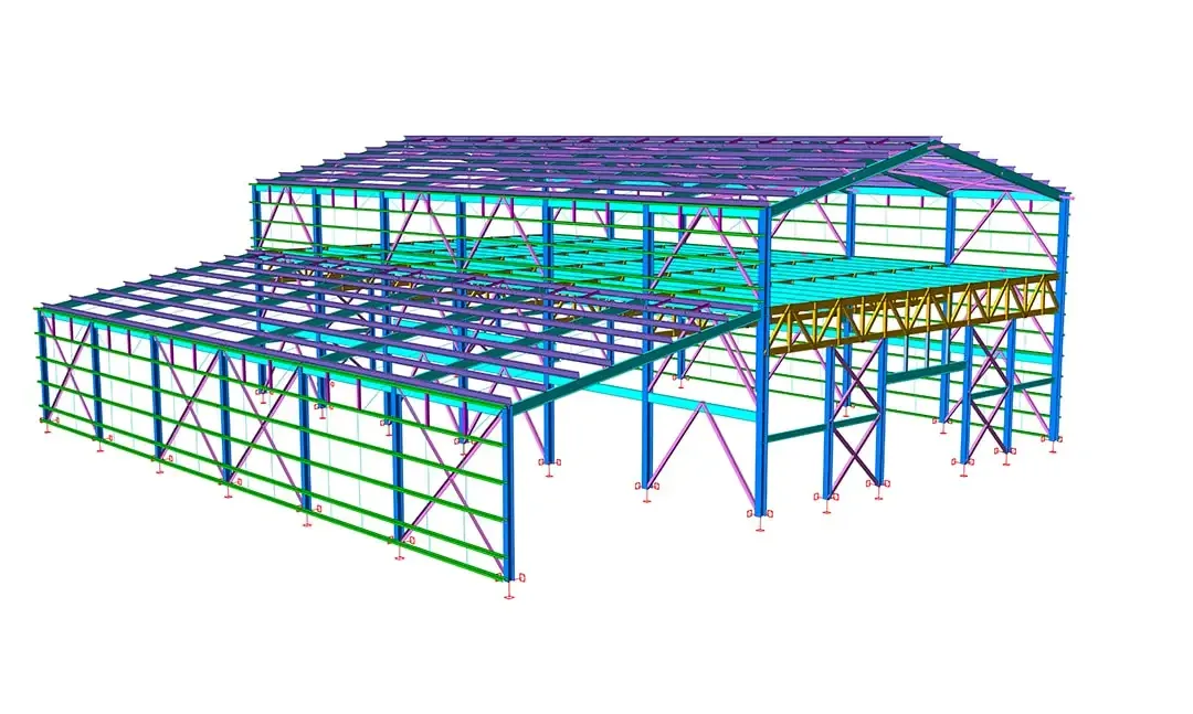 Modèle d'analyse structurelle 3D isométrique d'un entrepôt à portiques métalliques avec ossature sur plusieurs niveaux