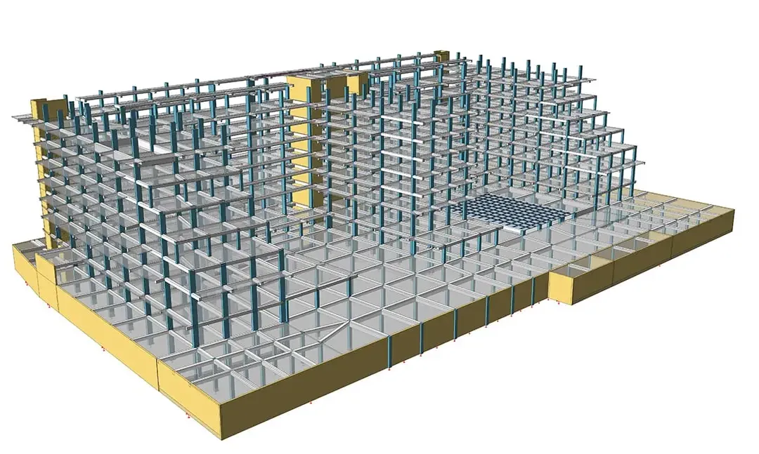 Modèle structurel d'un hôtel avec poteaux bleu-vert s'élevant depuis les murs périphériques du sous-sol