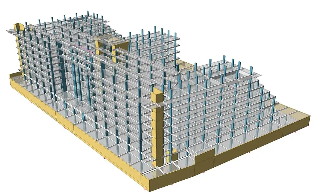Modèle de bâtiment hôtelier montrant les planchers des chambres superposés au-dessus de la structure de sous-sol