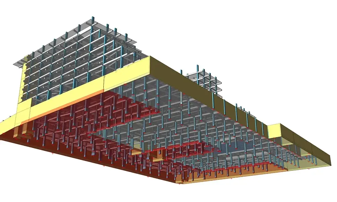 Modèle de bâtiment hôtelier vu de dessous, montrant la dalle de sous-sol et les gradins inclinés