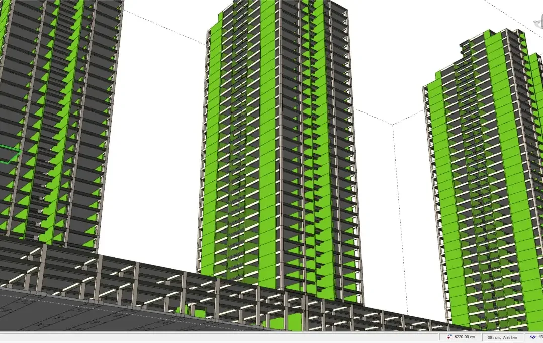 Vue rapprochée de trois modèles de tours résidentielles avec dalles de plancher vertes superposées au-dessus du podium