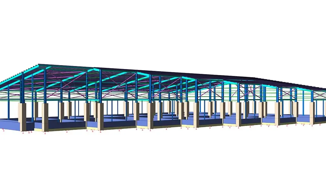 Modèle de longue ossature de hangar métallique avec toiture à faible pente et portiques régulièrement espacés