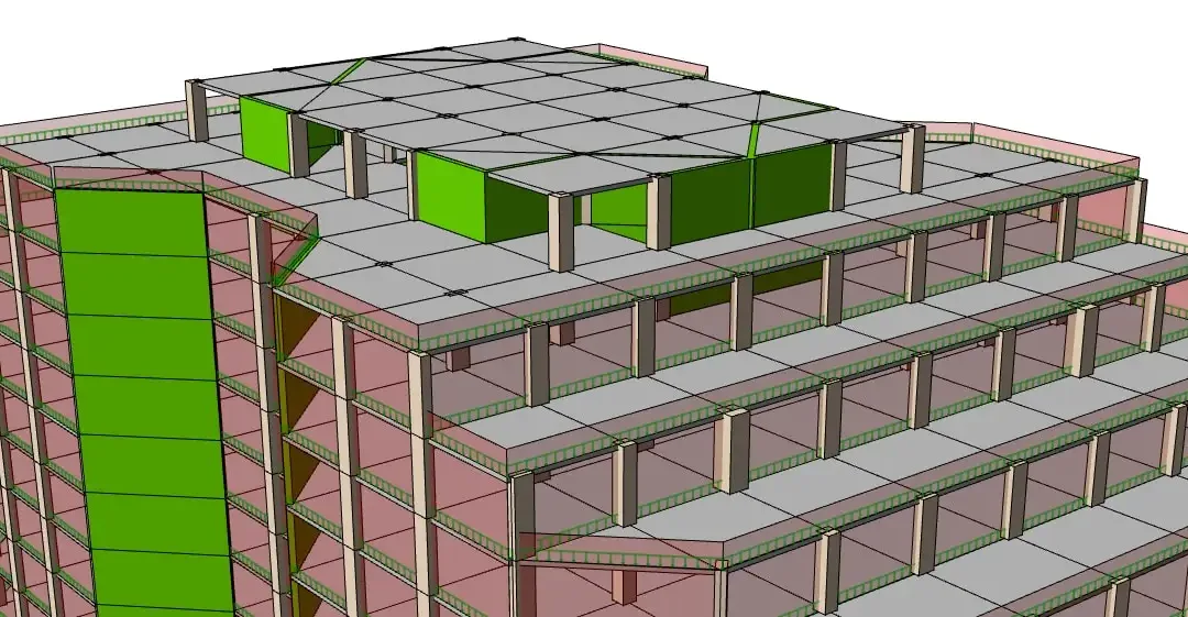 Gros plan du modèle d'un bâtiment à plusieurs niveaux montrant les dalles de plancher, les poutres périphériques et les voiles de noyau verts