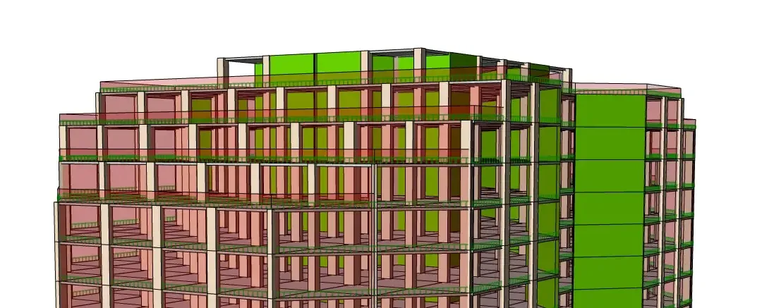 Détail des niveaux supérieurs du modèle d'un bâtiment à plusieurs niveaux, montrant les rives de dalle et les voiles de noyau verts