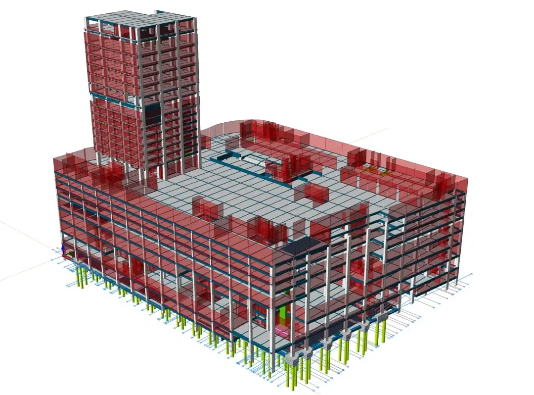 Modèle structurel d'un magasin avec une tour s'élevant depuis un large podium sur fondation sur pieux
