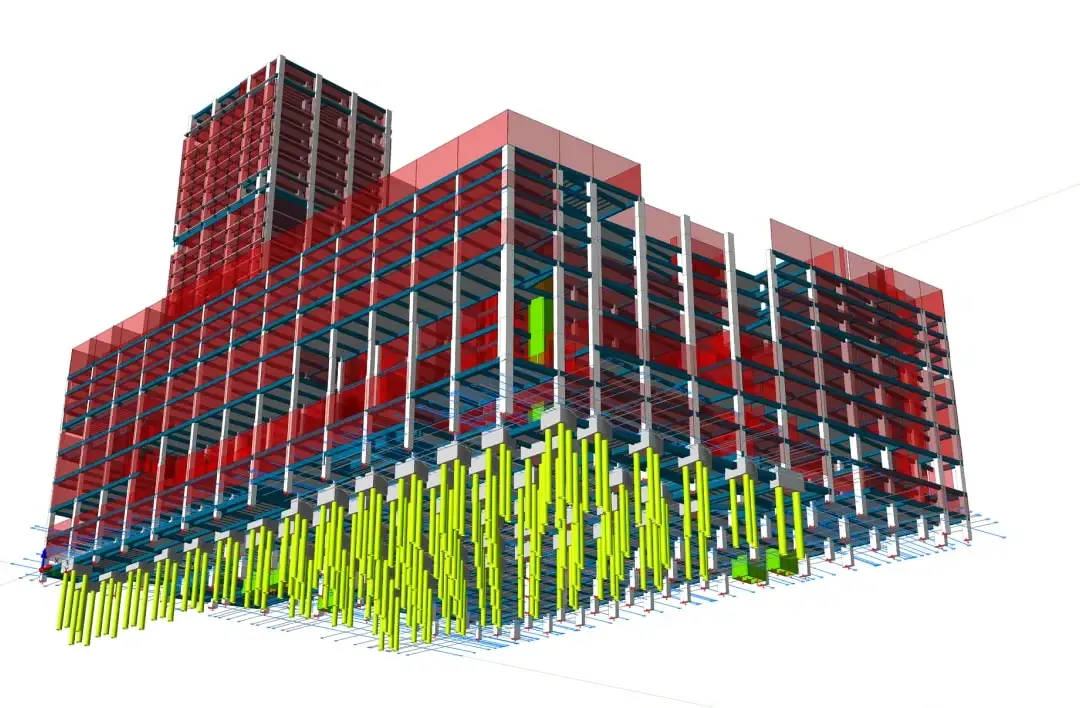 Modèle de complexe commercial montrant la fondation sur pieux dense sous le podium et la structure de la tour