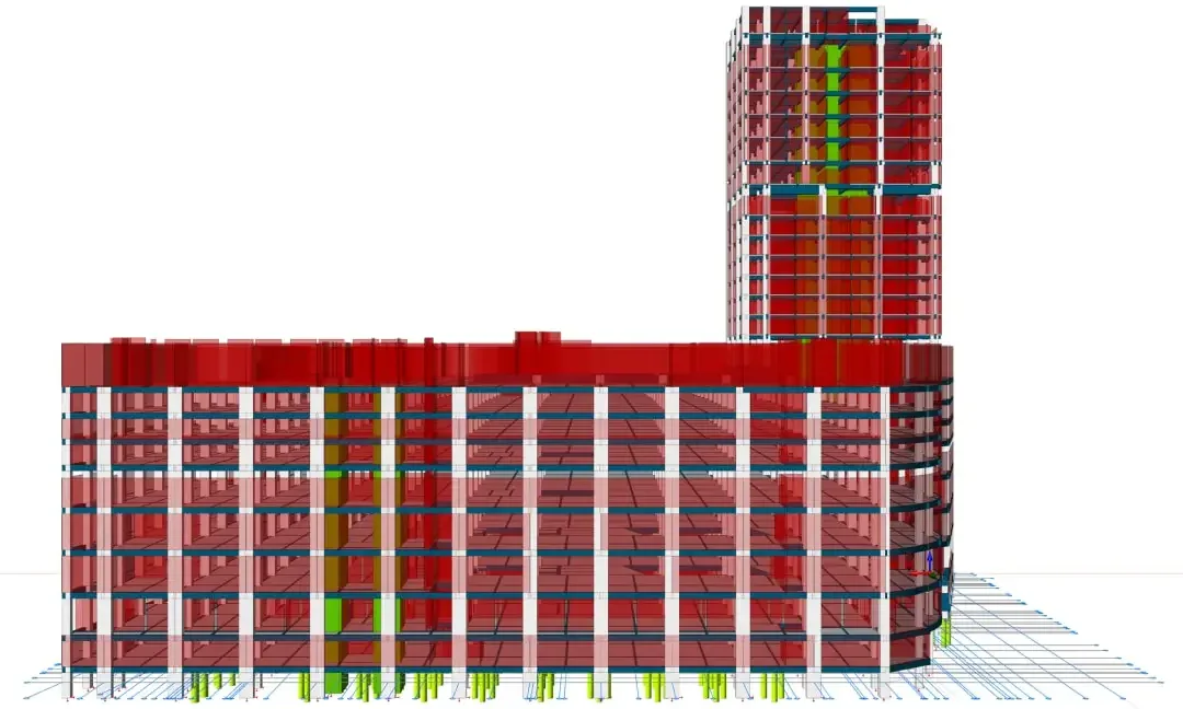 Élévation d'un complexe commercial montrant le long bloc de podium avec la tour à une extrémité