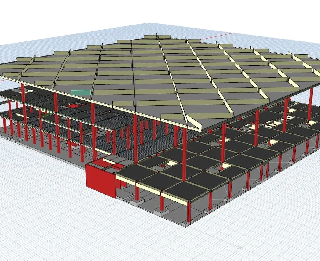 Modèle d'aérogare montrant la trame de poutres de toiture au-dessus du plancher du terminal et des structures techniques