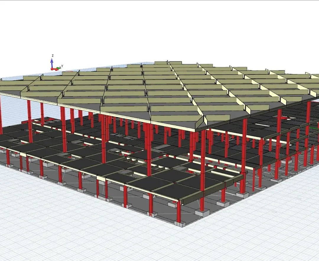 Modèle structurel d'une aérogare avec une large dalle de toiture portée par des poteaux rouges au-dessus du plancher