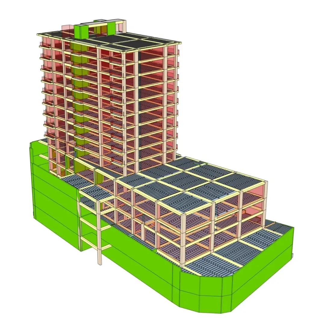 Modèle d'immeuble résidentiel avec dalles de plancher nervurées aux niveaux du podium et de la tour