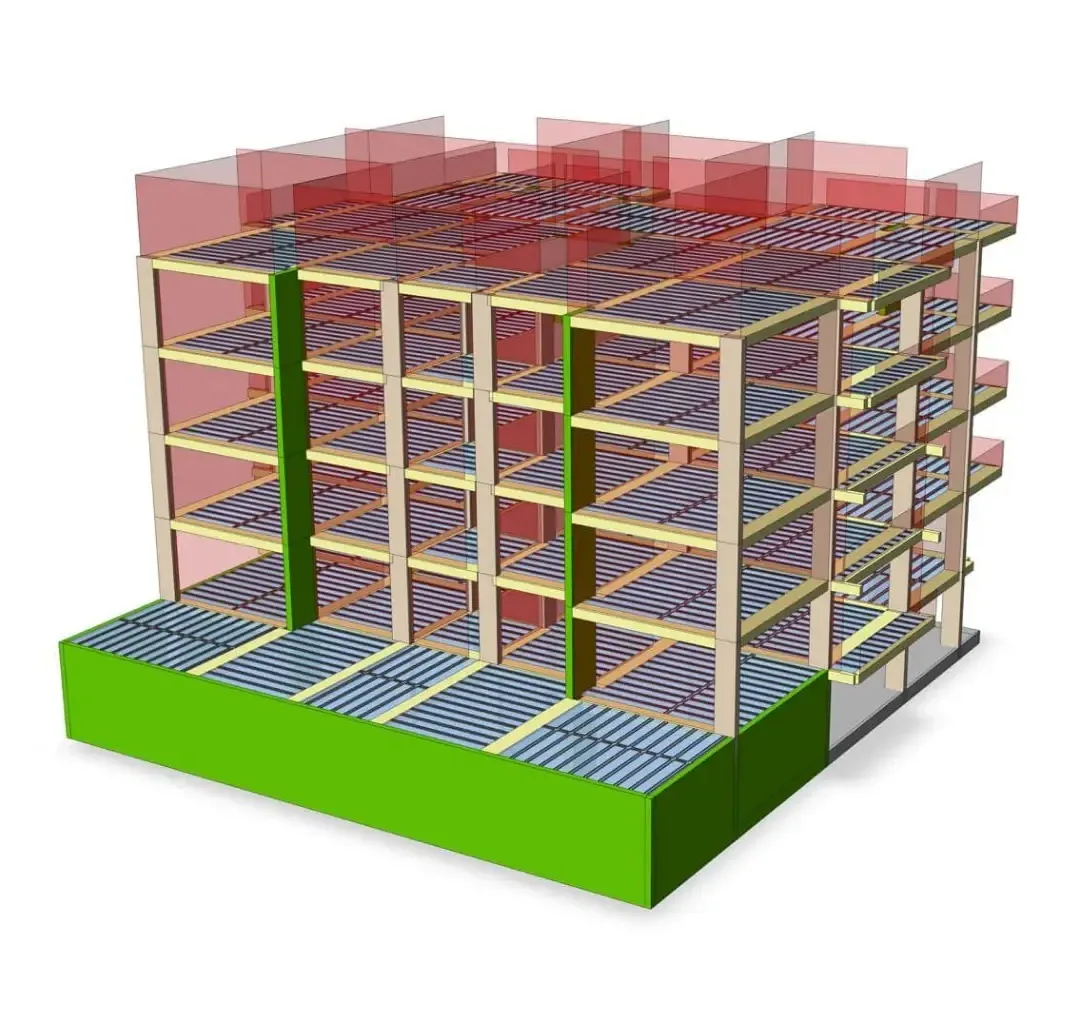 Modèle d'immeuble résidentiel avec blocs de charge rouges appliqués au-dessus des dalles nervurées de chaque niveau