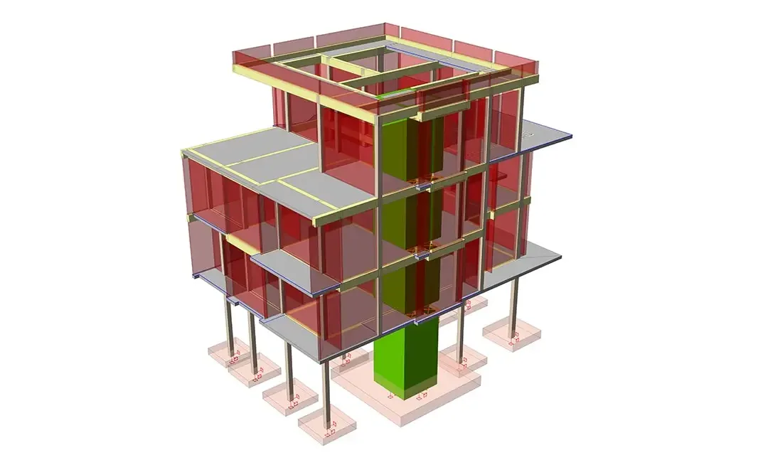 Modèle d'immeuble d'habitation avec un noyau d'escalier vert traversant les trois niveaux
