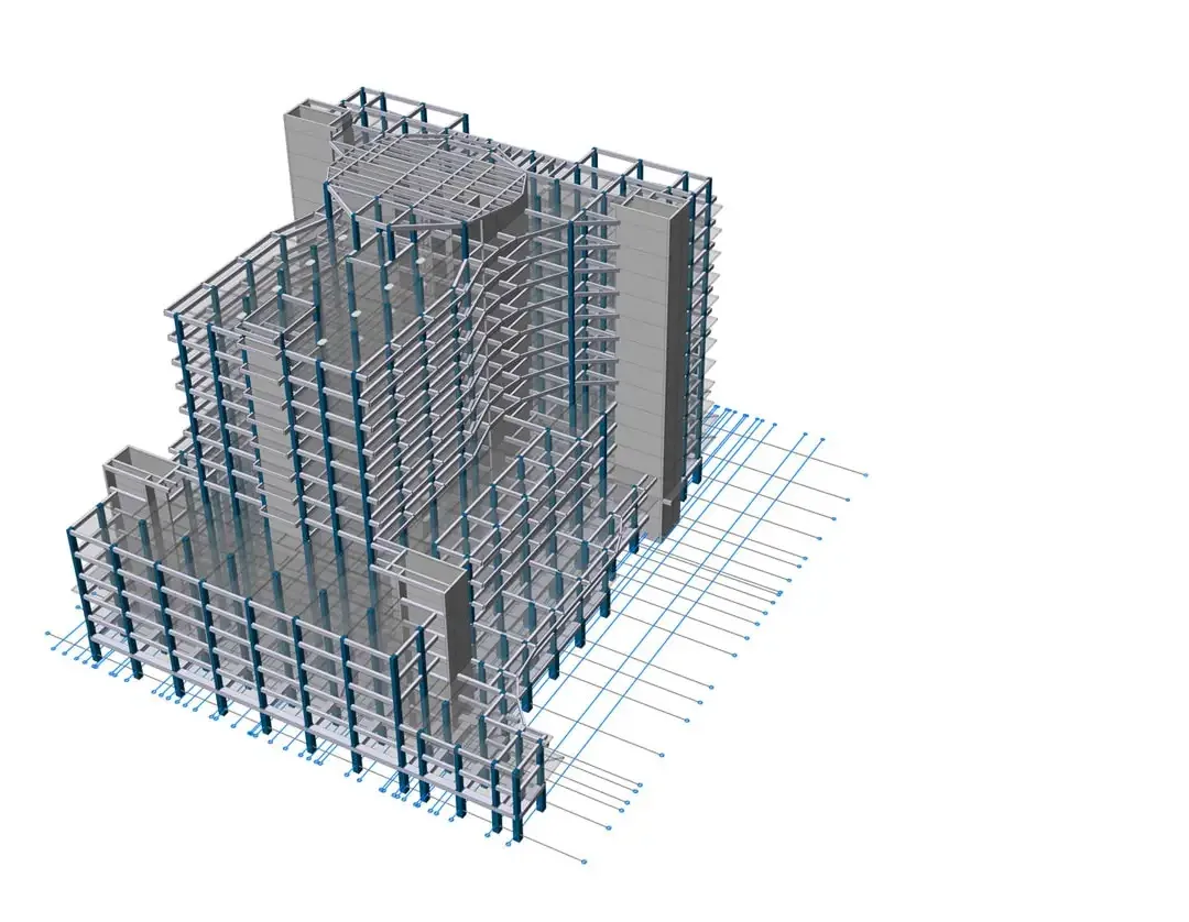 Modèle structurel d'un hôpital public avec blocs reliés de hauteurs variables et tour d'escalier