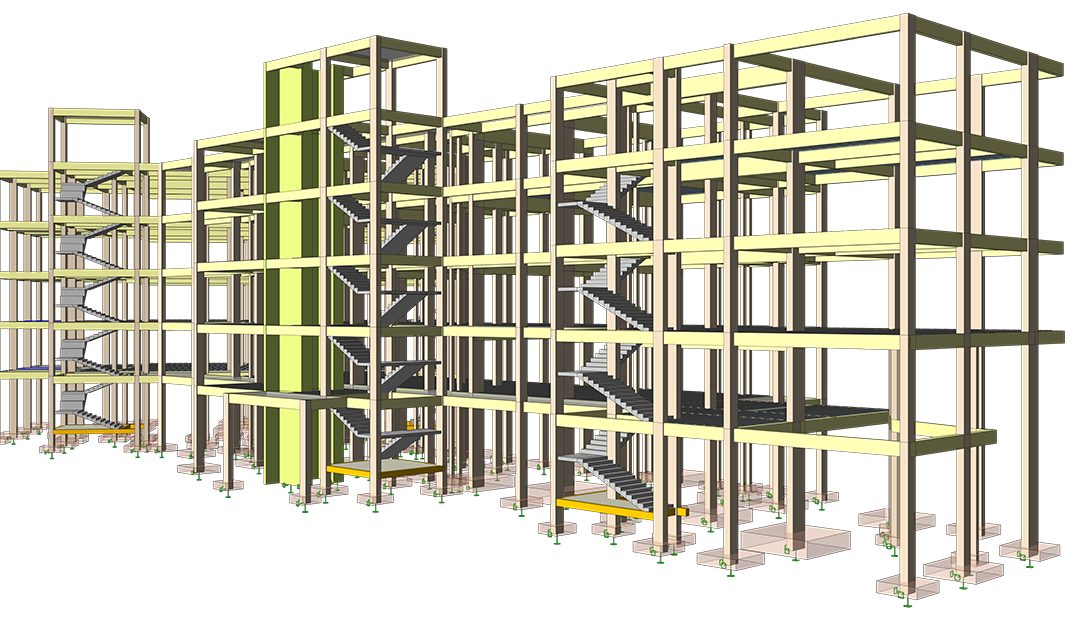 Modèle BIM structurel isométrique d'un bloc de salles de classe en béton à plusieurs niveaux, avec escaliers ouverts et semelles de fondation