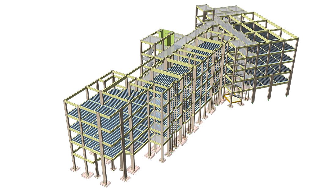 Modèle structurel isométrique en plongée d'un bâtiment de salles de classe en béton à plusieurs niveaux, avec plancher à dalle nervurée