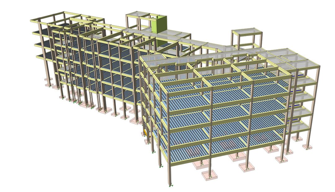 Vue isométrique d'un modèle BIM structurel à plusieurs niveaux montrant poteaux, poutres, dalles de plancher et fondations