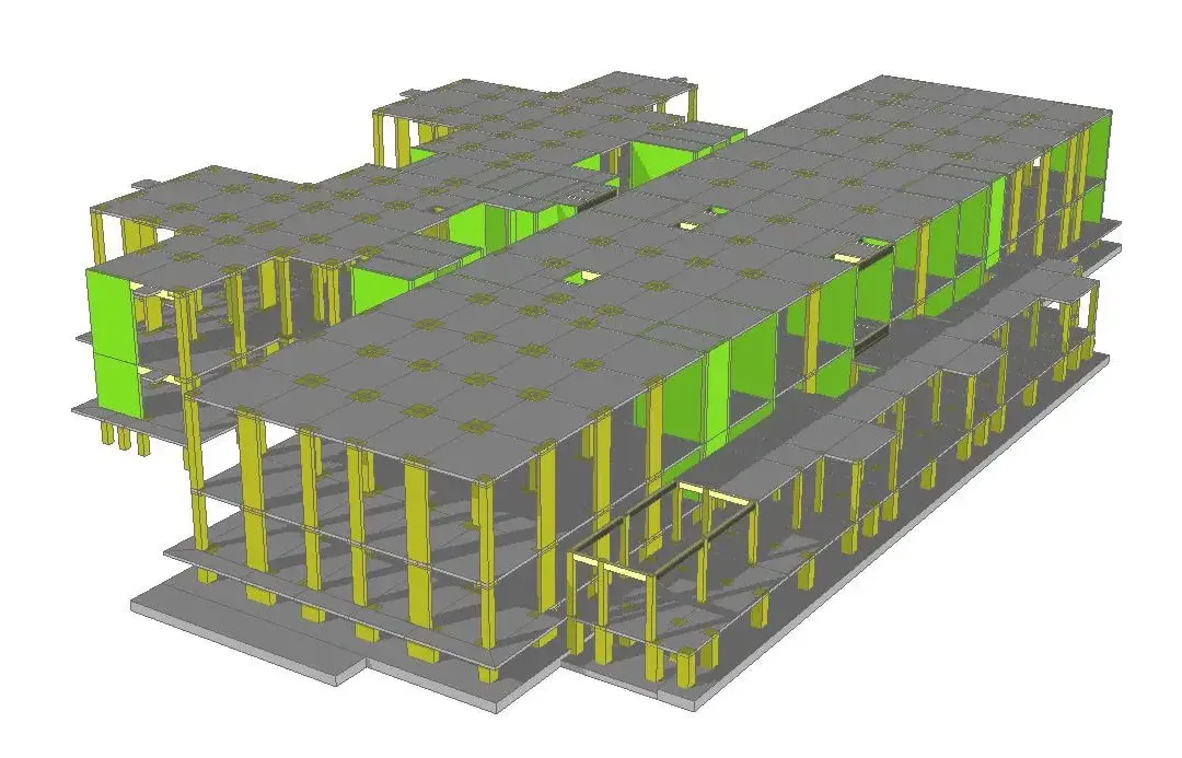 Modèle structurel d'un hôpital avec poteaux jaunes, voiles de contreventement verts et dalles de plancher en gradins